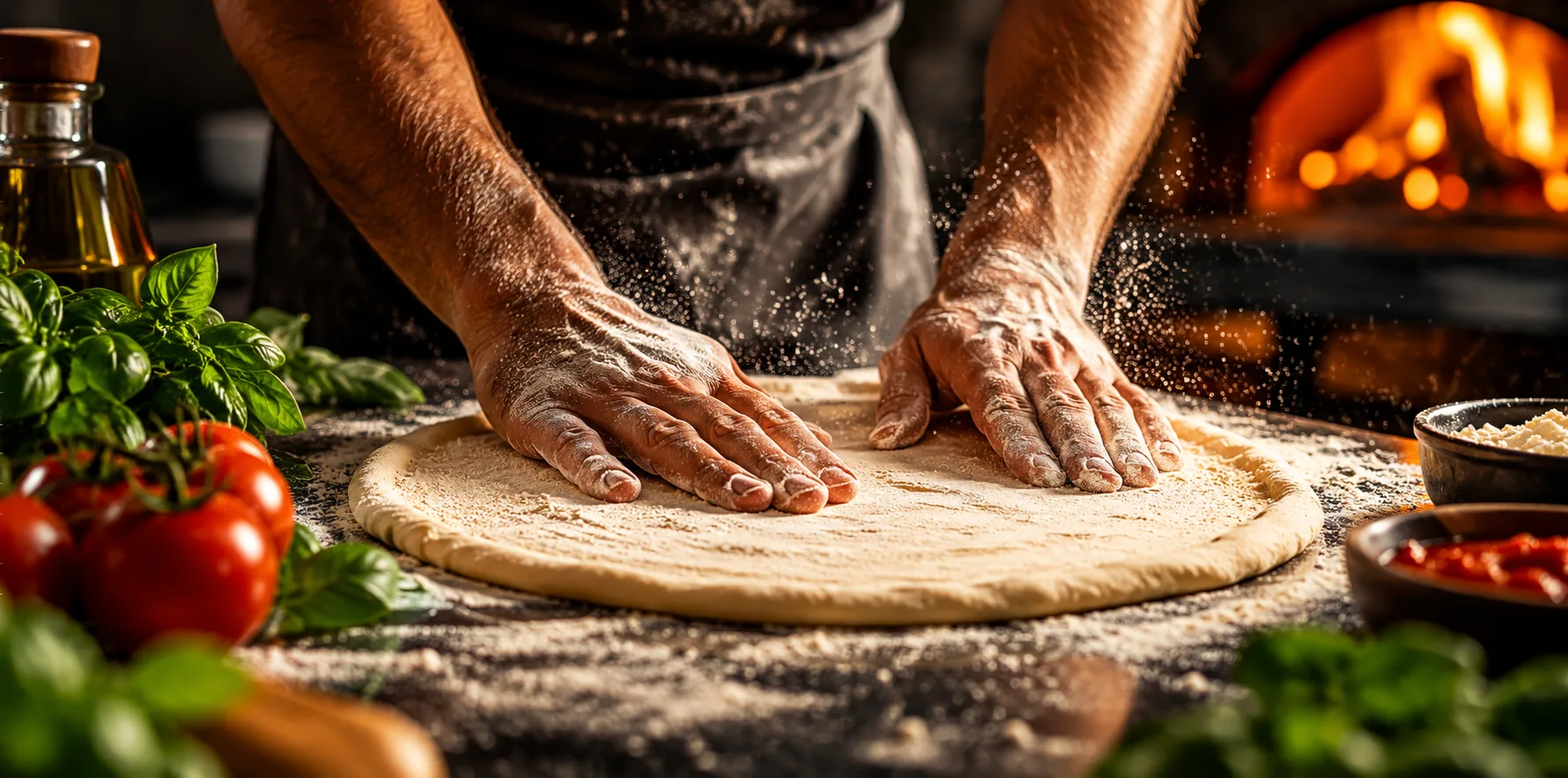 Pizzaiolo rozciąga ciasto na posypanym mąką blacie
