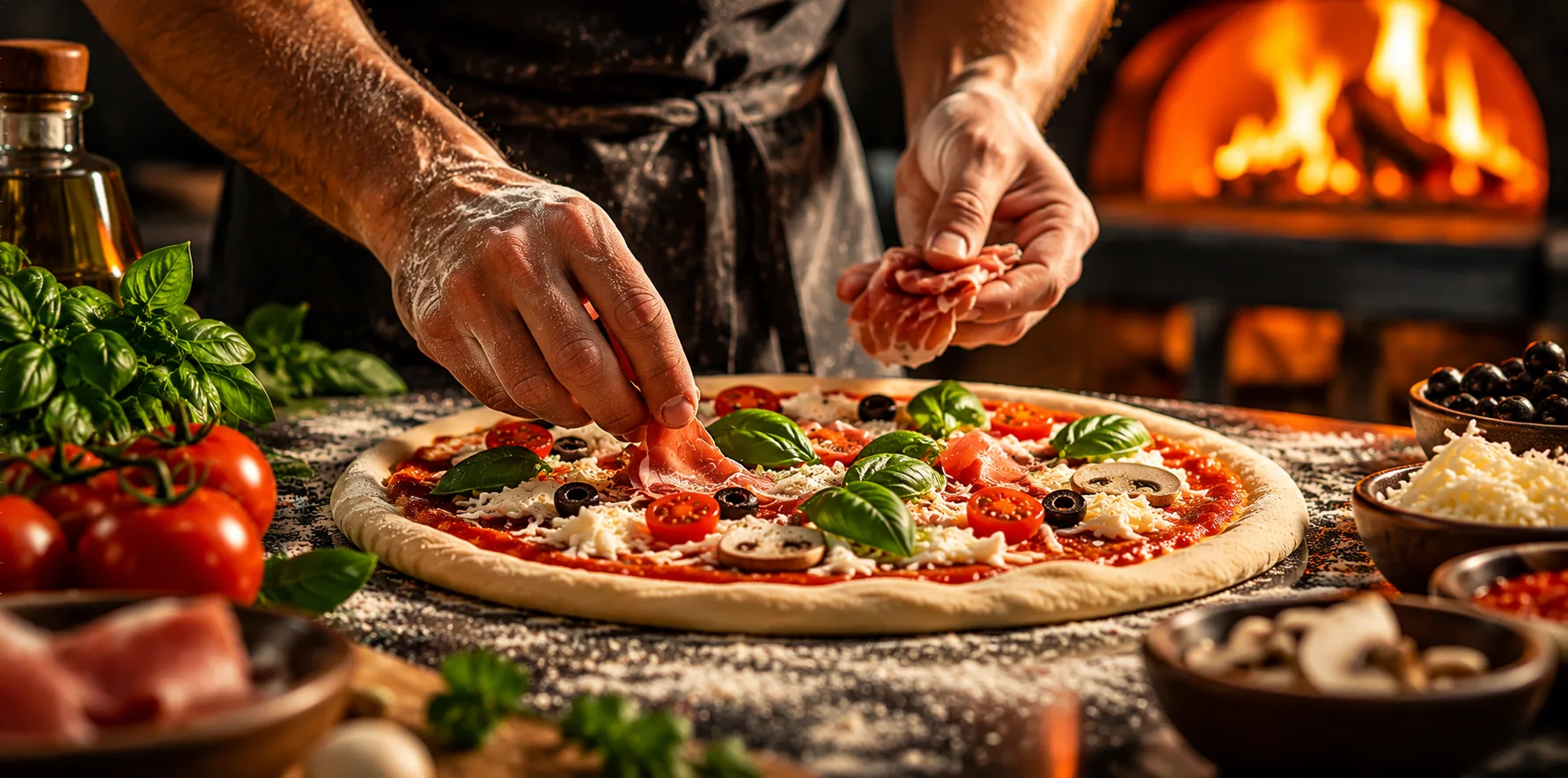 Układanie prosciutto, oliwek i bazylii na pizzy